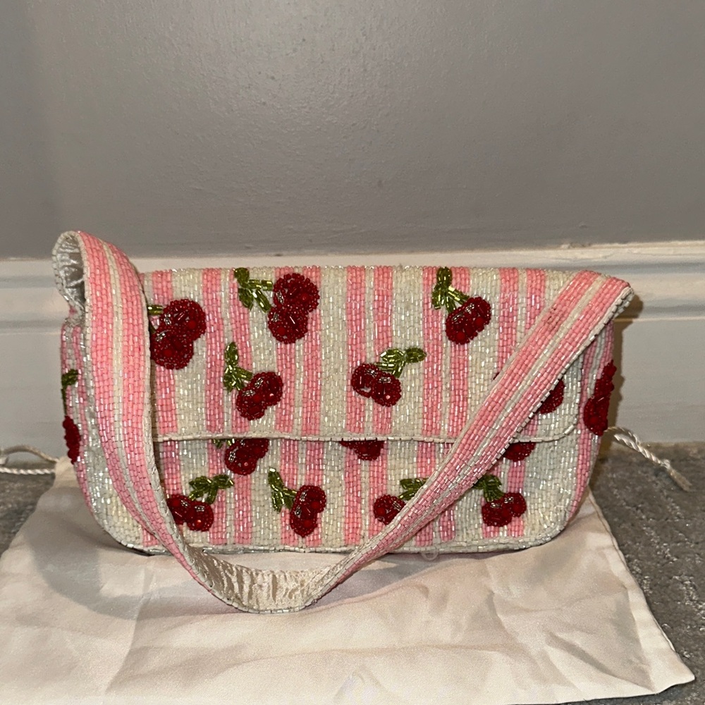 Cherry Beaded Pink and White Beaded Bag